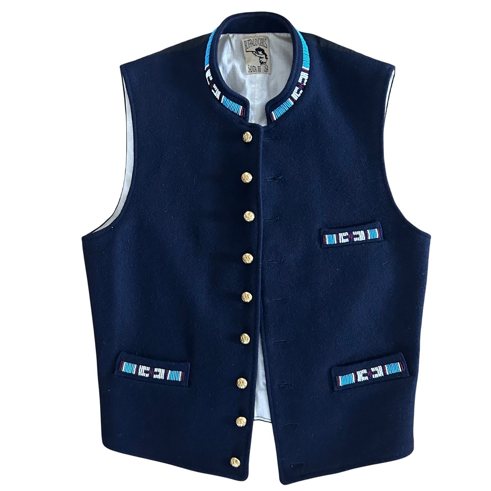 Buffalo Girls Santa Fe Size S Navy Wool Beaded Western Vest Gold Eagle Buttons